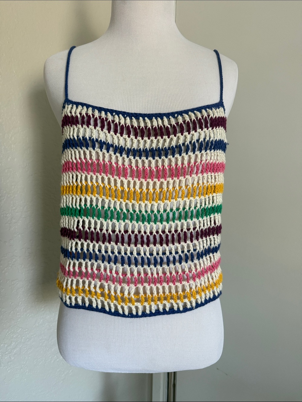 Hand Crochet Tank Top - Navy Trim, Multicolor